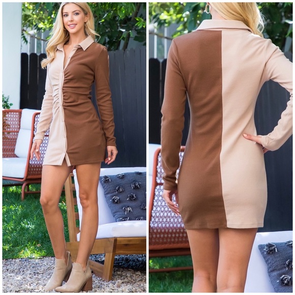 LE LIS Sexy Chic 2-Tone Ruched Long Sleeves Short Dress - Picture 2 of 5